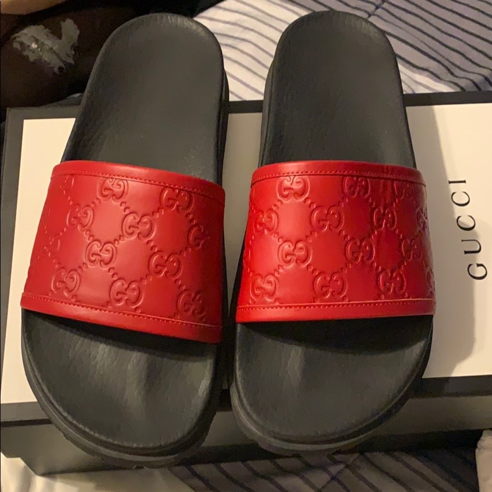 Men’s red leather Gucci Slides